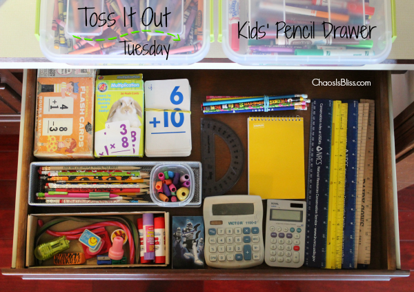 Quick & easy way to declutter a kids' pencil drawer, with this week's organization mission, Toss It Out Tuesday!